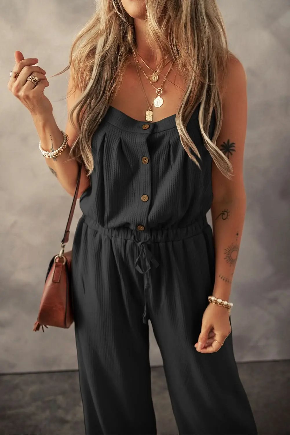 Black Knotted Straps Button Textured Drawstring Jumpsuit - Love Salve